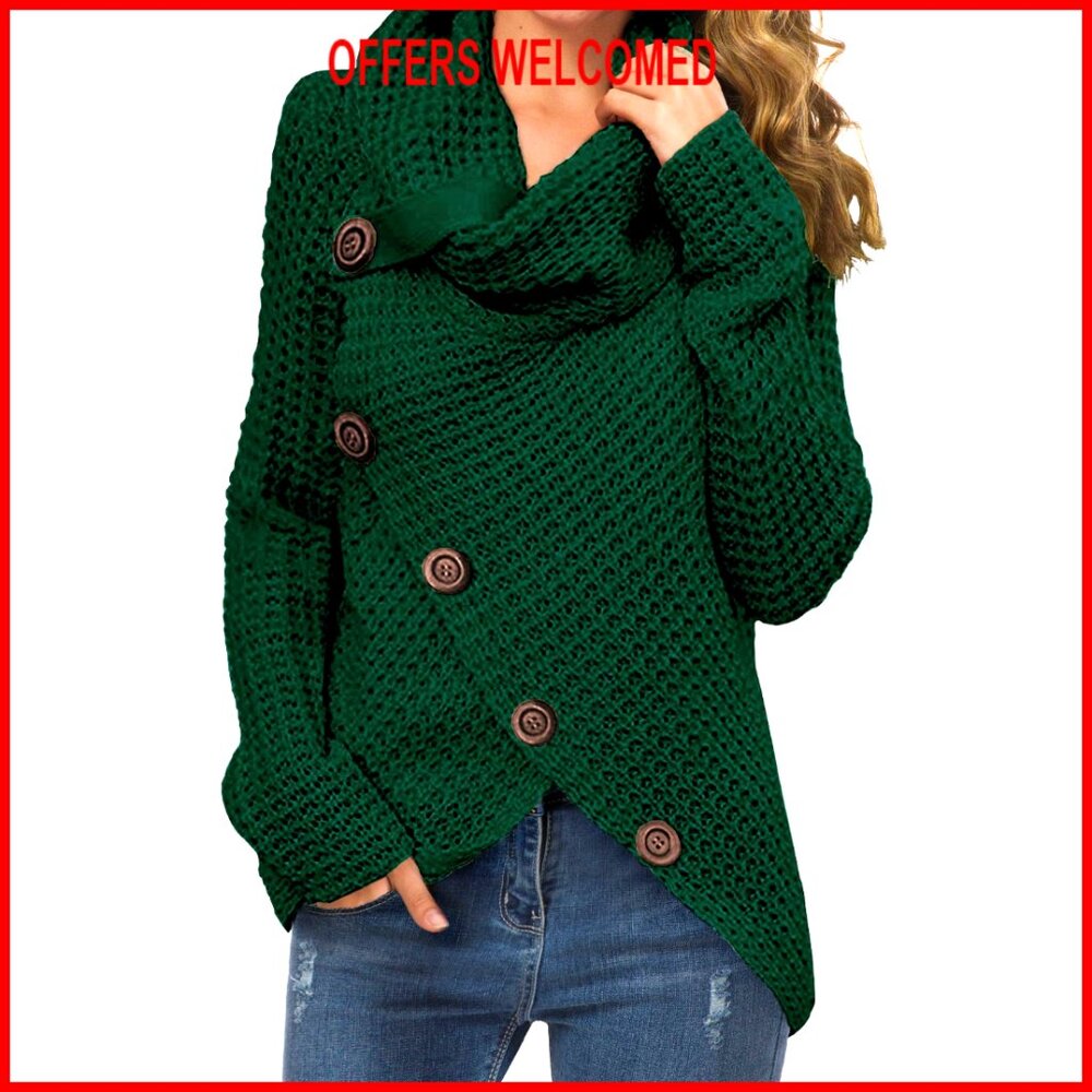 Acrylic Chunky Turtleneck Pullover Sweater Asymmetric Hem Loose Fit